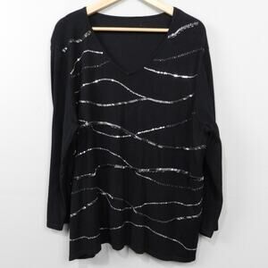Vintage 90s‎ Beaded Sequin Sweater Top Est Size XL Black Retro Glam Sparkly